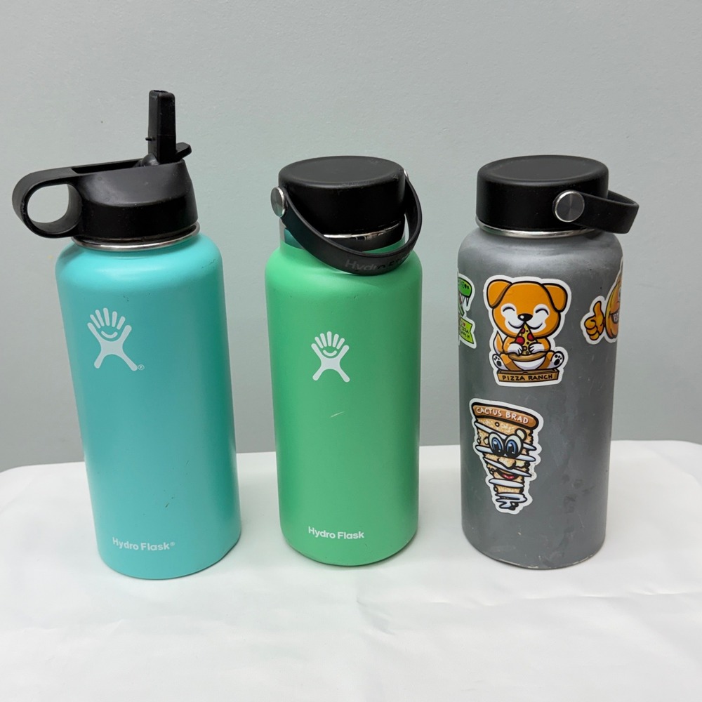 3 HydroFlask insulated stainless steel water‎ bottles jugs 32oz flex cap & straw